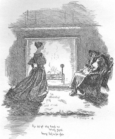 An image of Jane Eyre with Mr. Rochester, who is disguising himself as a "Gipsy"