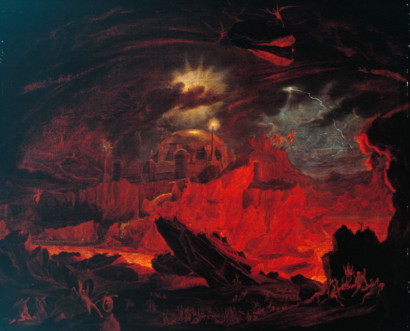 A red-lit cavern with dark rocks in the foreground. In the background, in a blue-gray hue, lightning crackles. In the center, atop rocks, is a castle with a center castle that has a vast gold dome in its center, with a shining light above it. Various demons fly around the photo, some in the sky but a vast number more gathered around the rocks of the foreground.